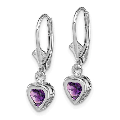 Sterling Silver Rhodium Plated Heart Amethyst Leverback Earrings, 25 x 6mm