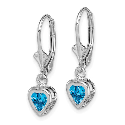 Sterling Silver Rhodium Plated Heart Blue Topaz Leverback Earrings, 25 x 6mm