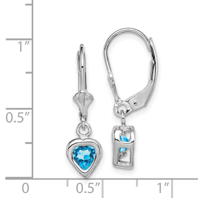 Sterling Silver Rhodium Plated Heart Blue Topaz Leverback Earrings, 25 x 6mm
