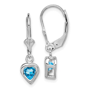 Sterling Silver Rhodium Plated Heart Blue Topaz Leverback Earrings (Style QE2046BT)