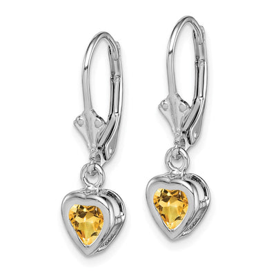 Sterling Silver Rhodium Plated Heart Citrine Leverback Earrings, 25 x 6mm