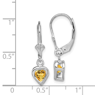 Sterling Silver Rhodium Plated Heart Citrine Leverback Earrings, 25 x 6mm