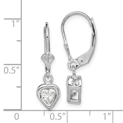 Sterling Silver Rhodium Plated Heart CZ Leverback Earrings, 25 x 6mm