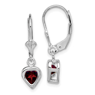 Sterling Silver Rhodium Plated Heart Garnet Leverback Earrings (Style QE2046GA)