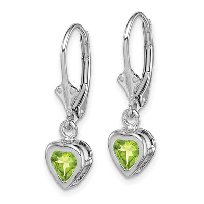 Sterling Silver Rhodium Plated Heart Peridot Leverback Earrings, 25 x 6mm
