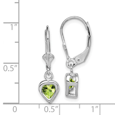 Sterling Silver Rhodium Plated Heart Peridot Leverback Earrings, 25 x 6mm