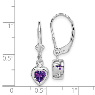 Sterling Silver Rhodium Plated Heart Amethyst Leverback Earrings, 25 x 7mm