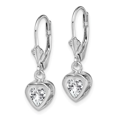 Sterling Silver Rhodium Plated Heart CZ Leverback Earrings, 25 x 7mm