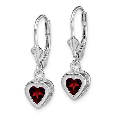 Sterling Silver Rhodium Plated Heart Garnet Leverback Earrings, 25 x 7mm