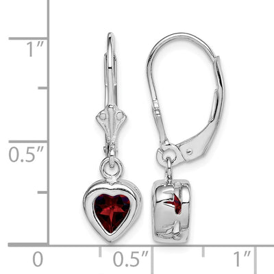 Sterling Silver Rhodium Plated Heart Garnet Leverback Earrings, 25 x 7mm