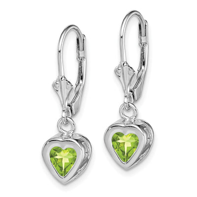 Sterling Silver Rhodium Plated Heart Peridot Leverback Earrings, 25 x 7mm