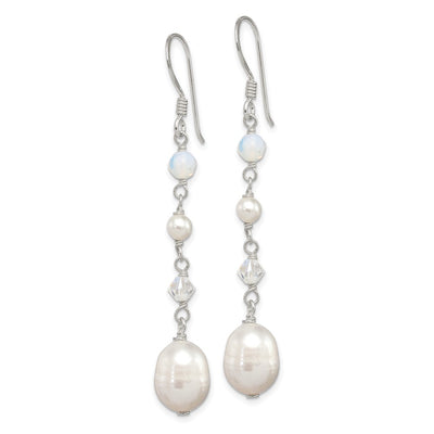 Sterling Silver Polished FWC Pearl/Opalite Crystal/Crystal Dangle Earrings