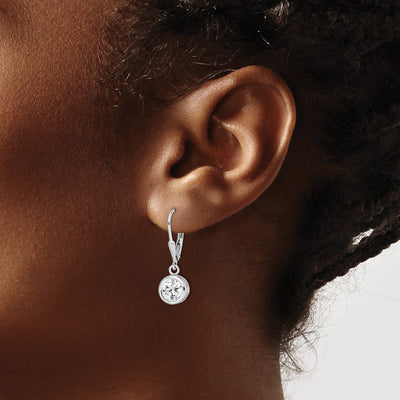 Sterling Silver Rhodium-plated Polished Round CZ Leverback Earrings, 27 x 7mm