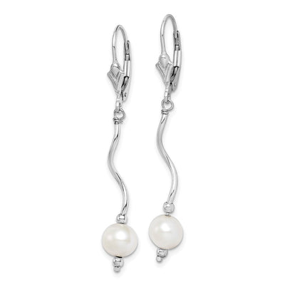 Sterling Silver Rhodium-plated White Semi-Round Freshwater Cultured Pearl Leverback Dangle Earrings, 49 x 6 to 7mm