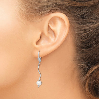 Sterling Silver Rhodium-plated White Semi-Round Freshwater Cultured Pearl Leverback Dangle Earrings, 49 x 6 to 7mm