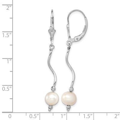 Sterling Silver Rhodium-plated White Semi-Round Freshwater Cultured Pearl Leverback Dangle Earrings, 49 x 6 to 7mm