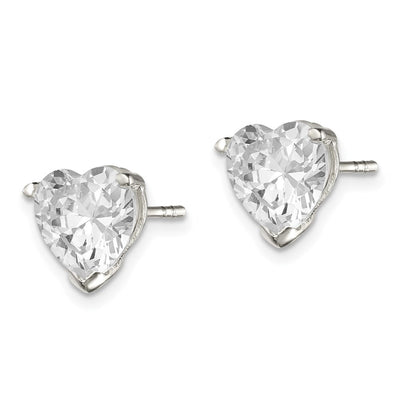 Sterling Silver Polished Heart 3 Prong Basket Set CZ Stud Earrings, 8 x 8mm