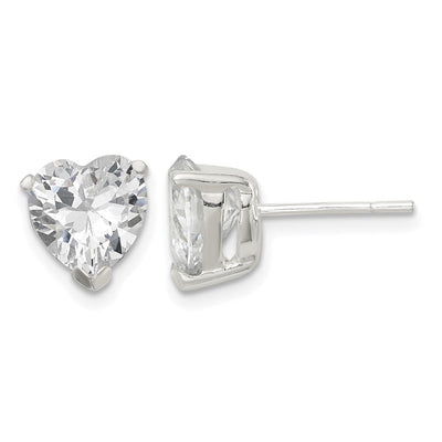 Sterling Silver Polished Heart 3 Prong Basket Set CZ Stud Earrings, 8 x 8mm