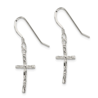 Sterling Silver Polished & Textured Cross Dangle Earrings, 36 x 11mm