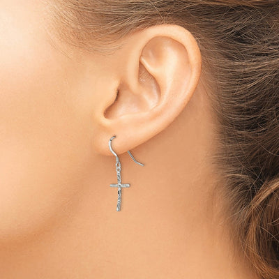 Sterling Silver Polished & Textured Cross Dangle Earrings, 36 x 11mm
