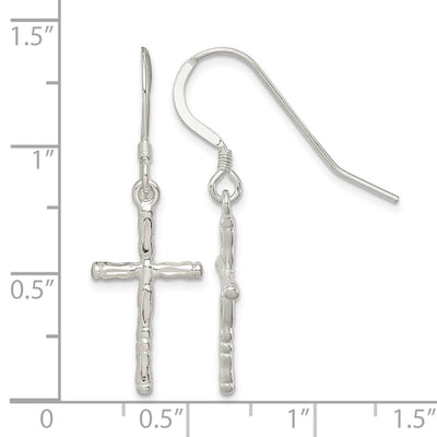 Sterling Silver Polished & Textured Cross Dangle Earrings, 36 x 11mm