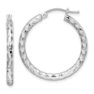 Sterling Silver Rhodium Plated Diamond Cut Hoop Earrings (Style QE3541)
