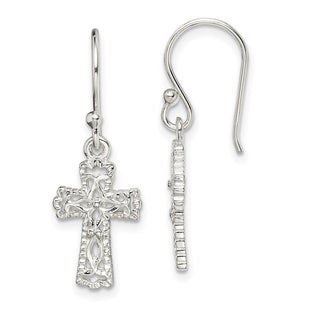 Sterling Silver Polished & Textured Cross Dangle Earrings (Style QE4264)
