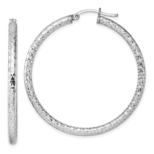 Sterling Silver Rhodium Plated Diamond Cut Hoop Earrings (Style QE4481)