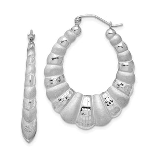 Sterling Silver Rhodium-plated Satin & D/C Shrimp Oval Hoop Earrings (Style QE4692)