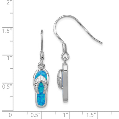 Sterling Silver Rhodium-plated Created Blue Inlay Opal Sandal Dangle Earrings