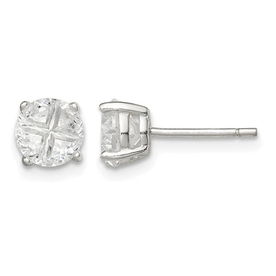 Sterling Silver Round Basket Set Cross-cut CZ Stud Earrings, 6 x 6mm