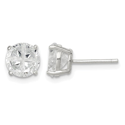 Sterling Silver Round Basket Set Cross-cut CZ Stud Earrings, 7 x 7mm