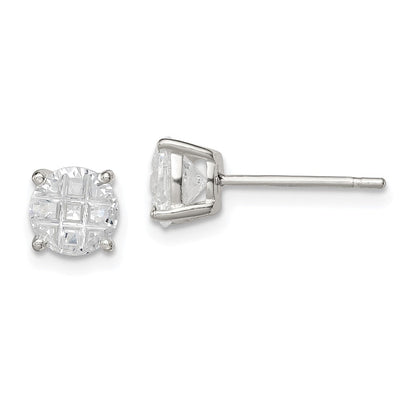Sterling Silver Round Basket Set Laser-cut CZ Stud Earrings, 6 x 6mm