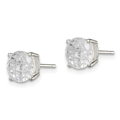 Sterling Silver Round Basket Set Laser-cut CZ Stud Earrings, 7 x 7mm
