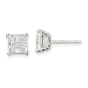 Sterling Silver Square Laser-cut CZ Basket Set Stud Earrings (Style QE7530)