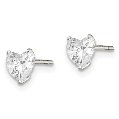 Sterling Silver Polished Heart 3 Prong Basket Set CZ Stud Earrings, 5 x 5mm