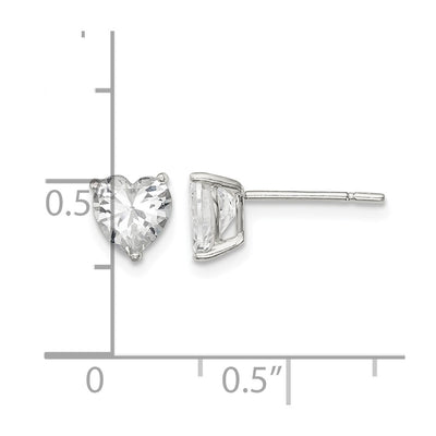 Sterling Silver Polished Heart 3 Prong Basket Set CZ Stud Earrings, 6 x 6mm