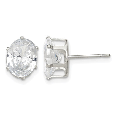 Sterling Silver Polished Oval Snap Set CZ Stud Earrings, 9 x 7mm