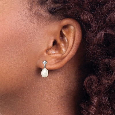 Sterling Silver Rhodium-plated White Rice Freshwater Cultured Pearl Post Dangle Earrings, 17 x 7 to 7.5mm