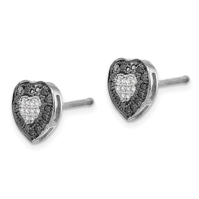 White Night Sterling Silver Rhodium-plated Black and White Diamond Heart Post Earrings, 8 x 9mm