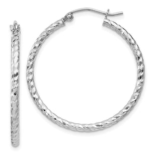 Sterling Silver Rhodium Plated Diamond Cut Hoop Earrings (Style QE8077)