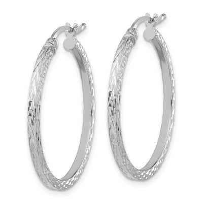 Sterling Silver Rhodium-plated Diamond-cut Square Tube Hoop Earrings, 30 x 2mm