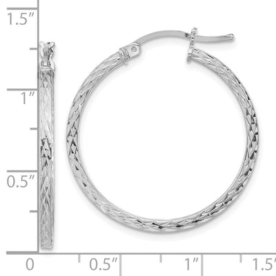 Sterling Silver Rhodium-plated Diamond-cut Square Tube Hoop Earrings, 30 x 2mm