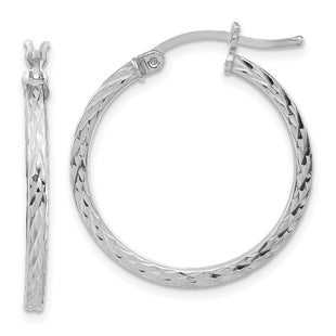 Sterling Silver Rhodium-plated Diamond-cut Square Tube Hoop Earrings (Style QE8113)