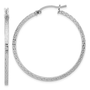 Sterling Silver Rhodium-plated Diamond-cut Square Tube Hoop Earrings (Style QE8116)