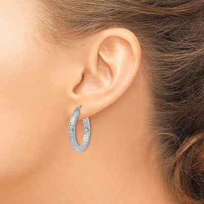 Sterling Silver Rhodium-plated Diamond-cut Square Tube Hoop Earrings, 25 x 3mm