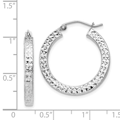 Sterling Silver Rhodium-plated Diamond-cut Square Tube Hoop Earrings, 25 x 3mm