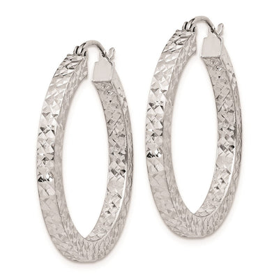 Sterling Silver Rhodium-plated Diamond-cut Square Tube Hoop Earrings, 30 x 3mm