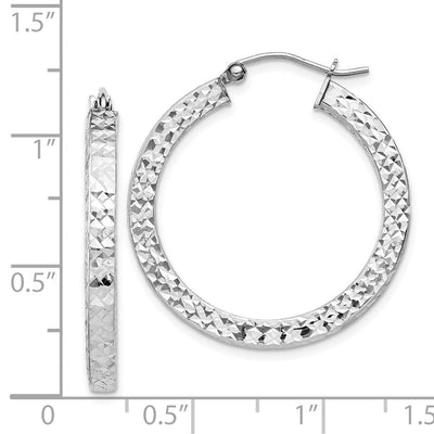 Sterling Silver Rhodium-plated Diamond-cut Square Tube Hoop Earrings, 30 x 3mm