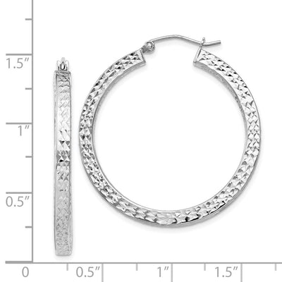 Sterling Silver Rhodium-plated Diamond-cut Square Tube Hoop Earrings, 35 x 3mm